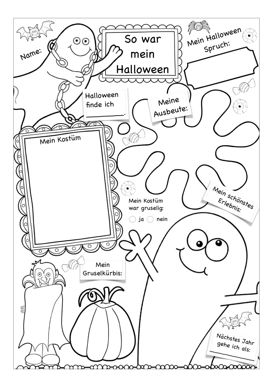 German Halloween reflection worksheet asks about a costume, candy haul, favorite experience, and next year