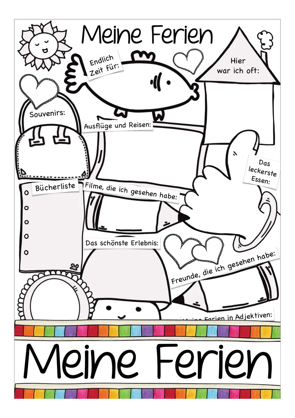 Cover of the German vacation worksheet, showing prompts about trips, books, movies, food, and friends.