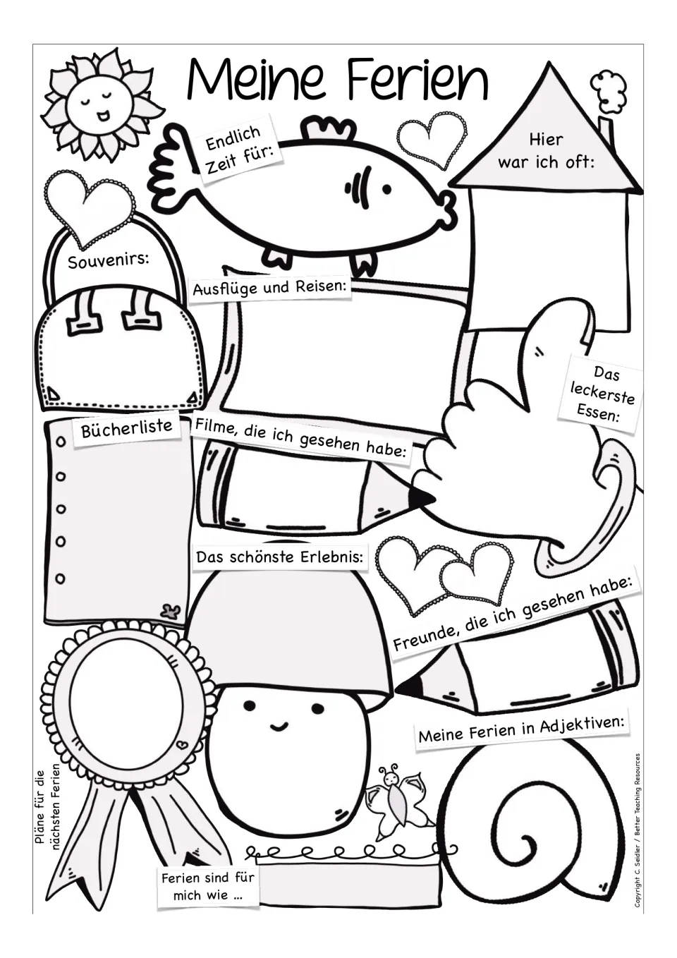 German vacation reflection worksheet: trips, souvenirs, books, movies, friends, food, and future plans.