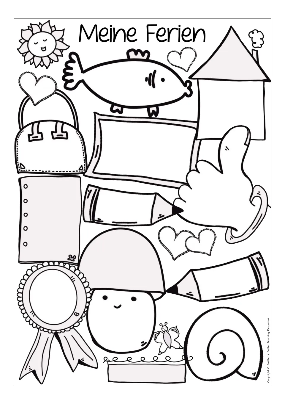 Blank version of the German vacation reflection worksheet, retaining “Meine Ferien” (My Vacation).