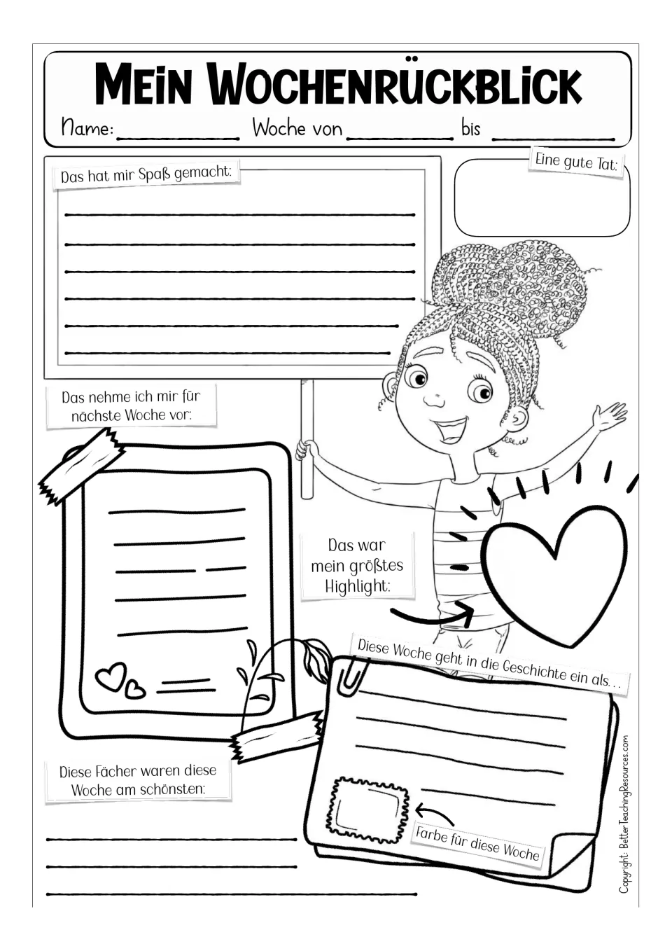 German weekly reflection prompts cover fun, a good deed, next week's goals, highlights, and favorite subjects.
