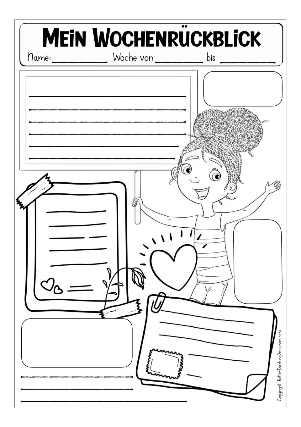 Alternate German weekly reflection worksheet titled 'Mein Wochenrückblick' (My Weekly Review), without prompts.