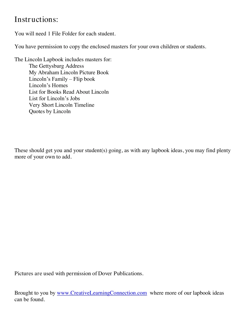 Lapbook instructions: one file folder per student and a list of masters, from the Gettysburg Address to Lincoln quotes