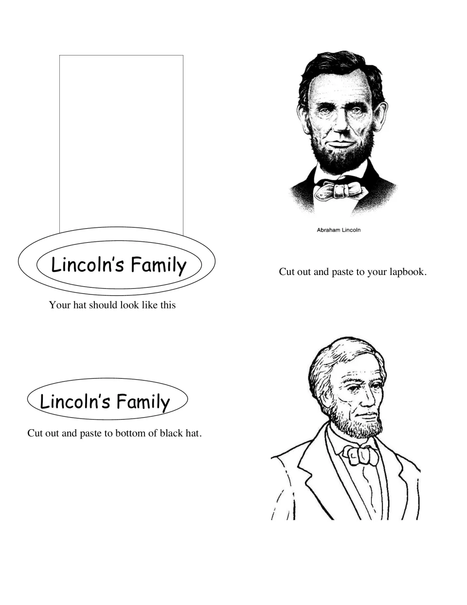 Lincoln's Family hat: a model of the finished top hat, a brim label to cut out and two Lincoln portraits to paste