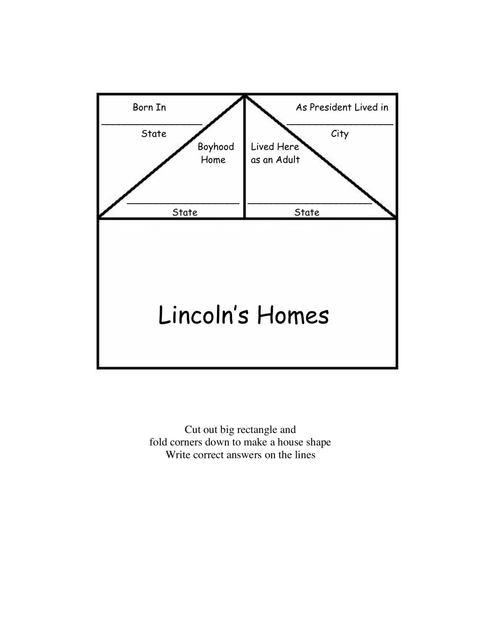 Lincoln's Homes fold-up: students cut out a house shape and write the states and city where Lincoln was born and lived