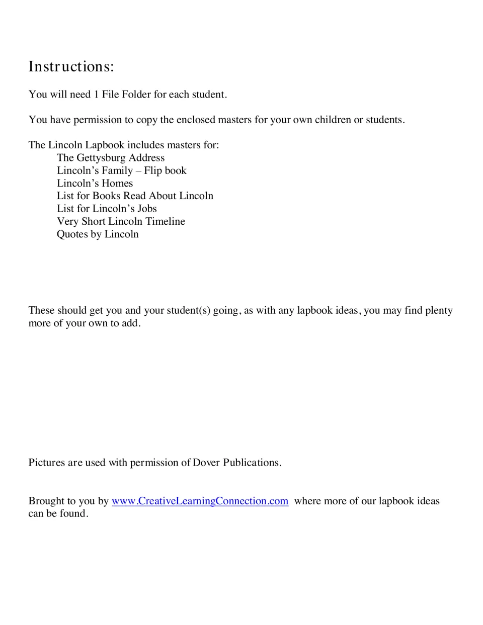 Second instructions sheet: file folder needs, copy permission and seven masters listed, without the picture book entry