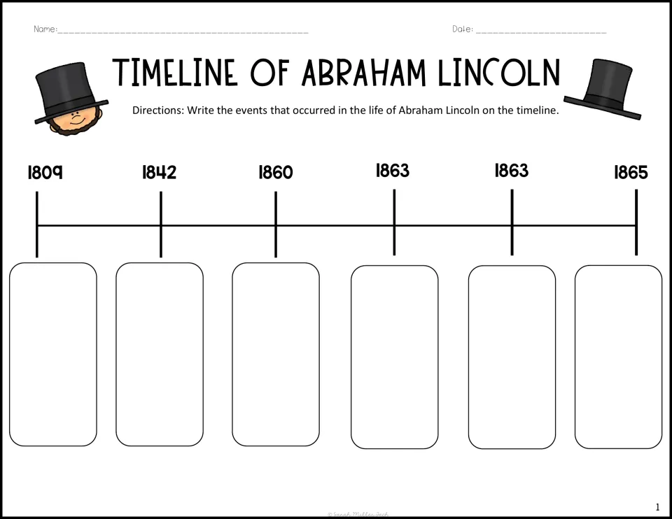 Lincoln's life timeline: students write six events under the dates 1809, 1842, 1860, 1863, 1863 and 1865