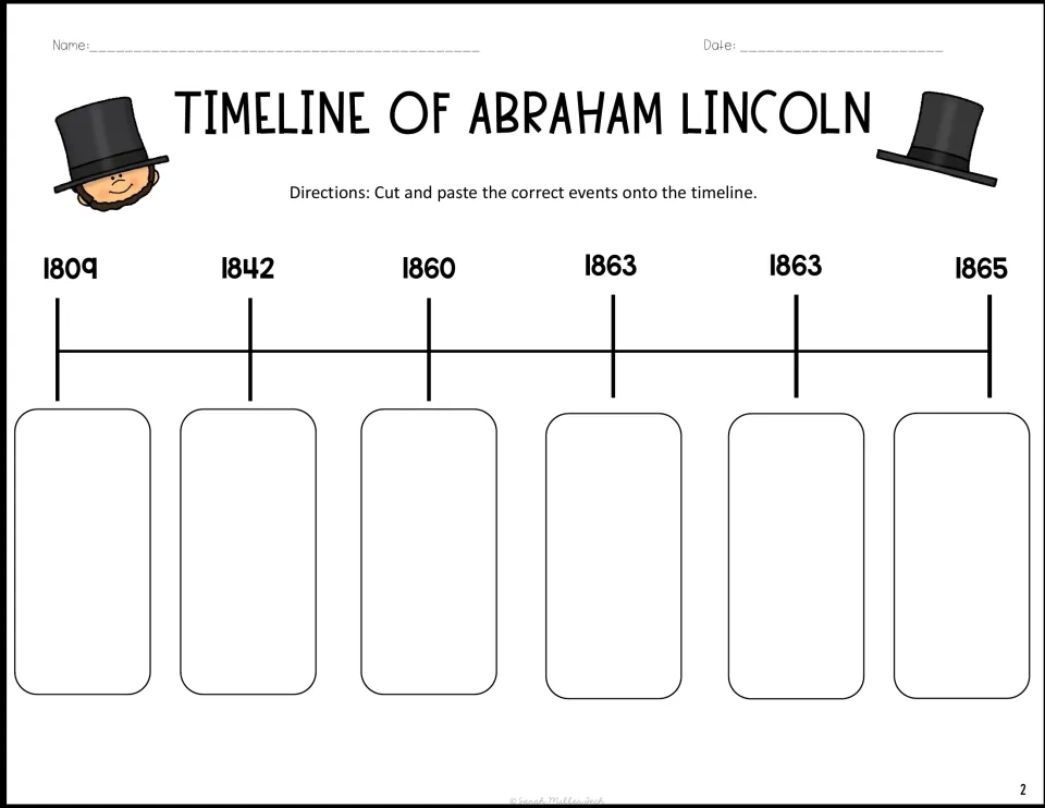 Sequencing Lincoln's life: students paste cut-out event cards under six dates running from 1809 to 1865