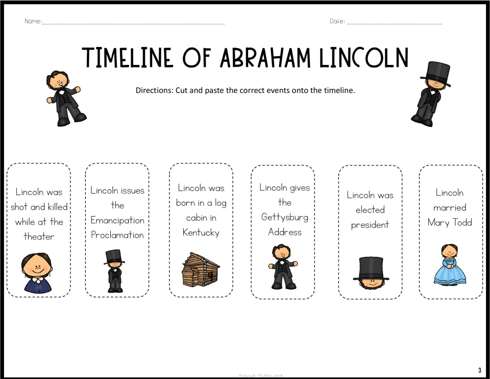 Six Lincoln event cards to cut out: log cabin birth, marriage to Mary Todd, election, Emancipation, Gettysburg, death