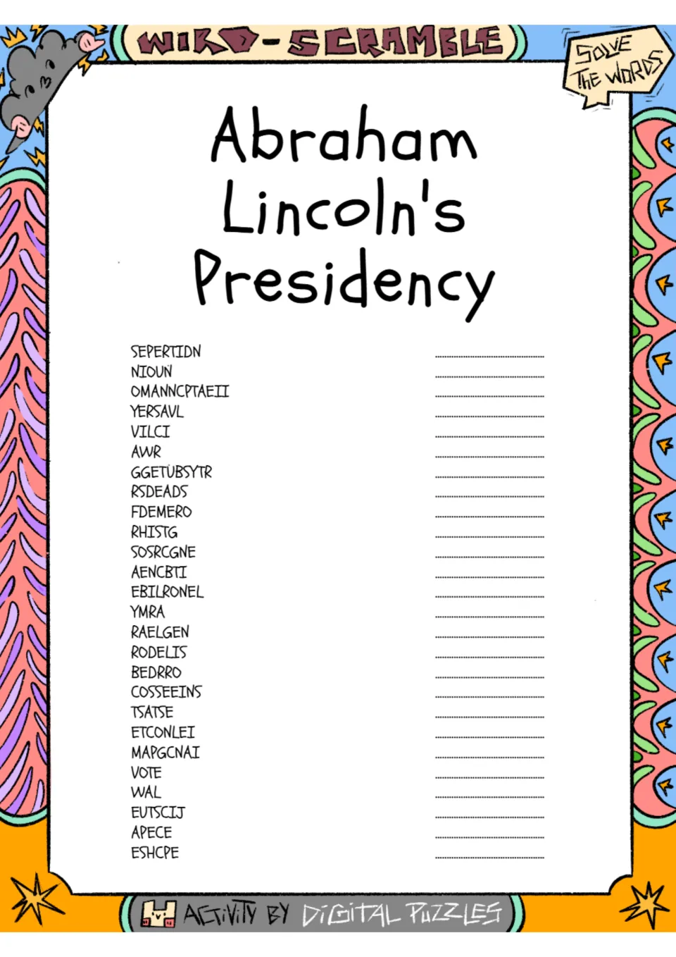 Word scramble on Lincoln's presidency with 26 terms to unscramble, including NIOUN, AWR, and WAL.