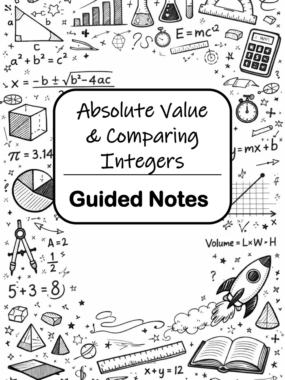 Guided notes cover titled Absolute Value & Comparing Integers, surrounded by hand-drawn math doodles