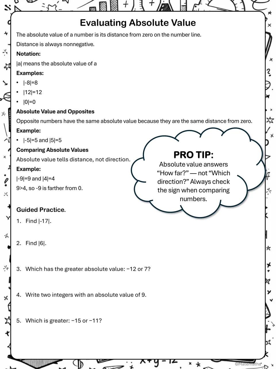 Evaluating absolute value notes: distance from zero, |a| notation, opposites, plus five guided problems like find |-17|