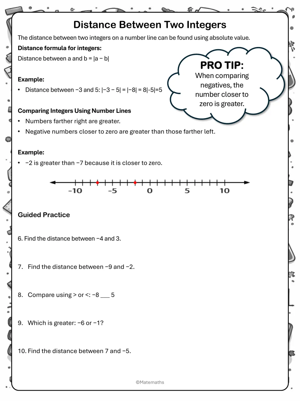 Distance between two integers using |a − b|, with number-line comparison notes and guided problems 6 to 10