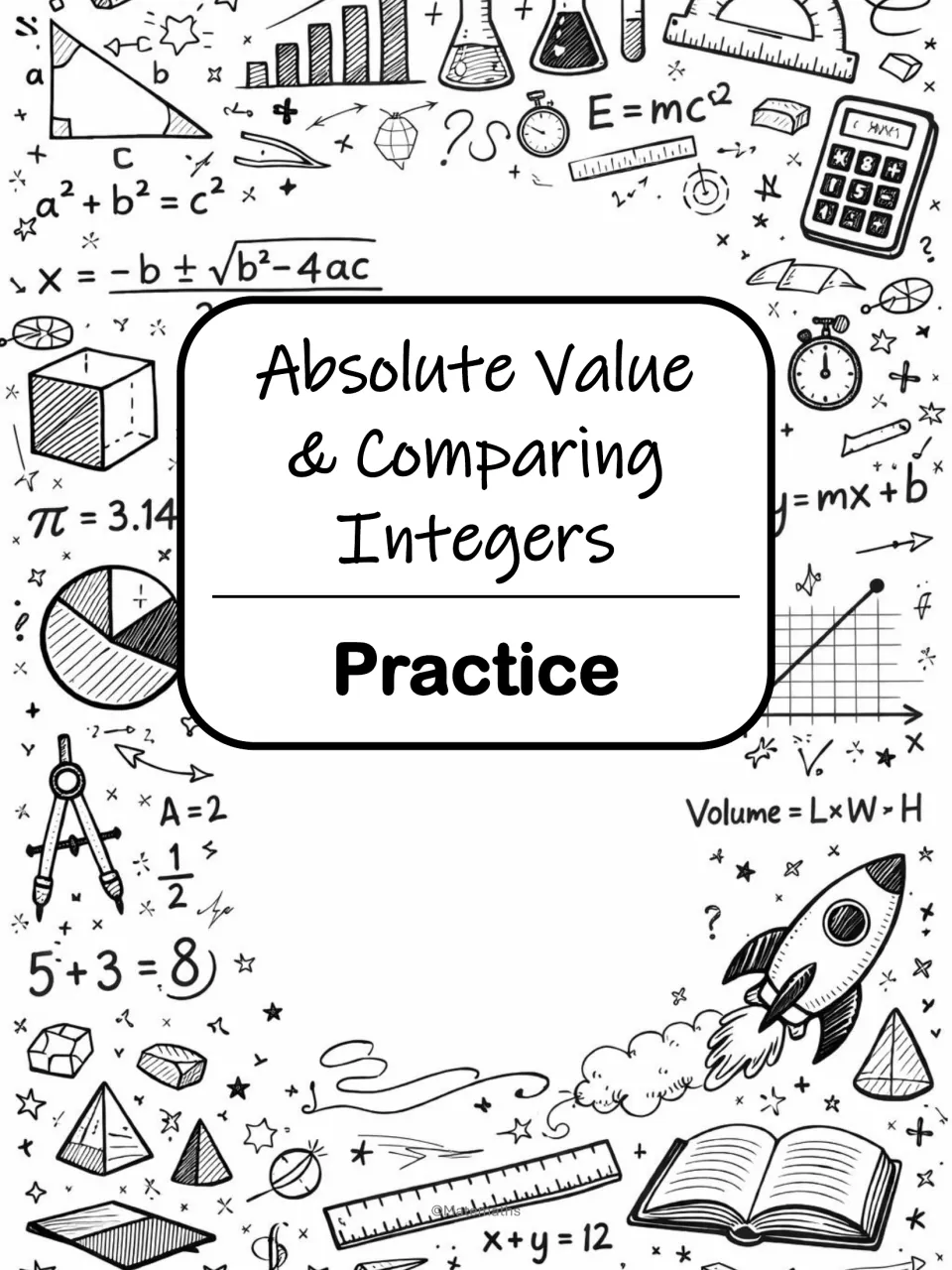 Practice section cover for the integer problem set, decorated with sketched formulas, shapes and a rocket