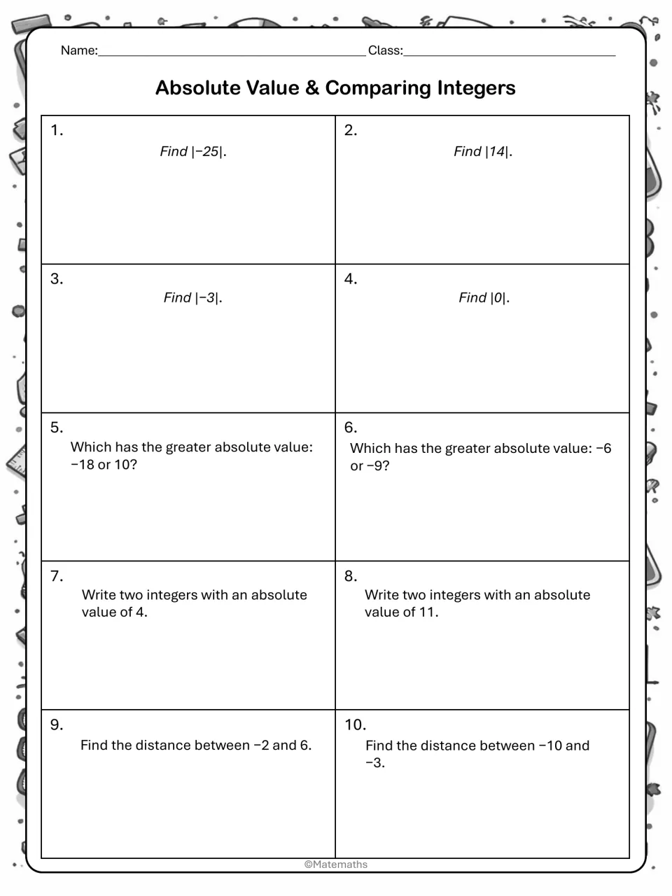 Absolute value practice: students find values like |−25|, pick the greater absolute value and find distances in 10 items