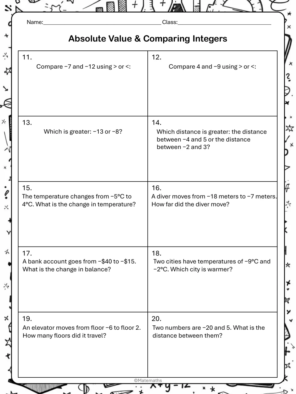 Comparing integers with > or < and solving word problems on temperature, diver depth, bank balance and elevator floors