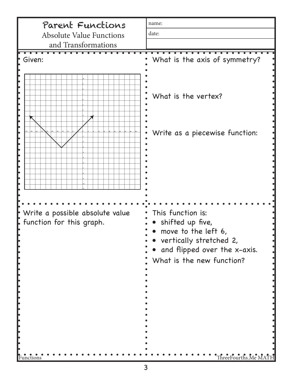 Writing absolute value equations from a V graph, then from a list: up 5, left 6, vertical stretch 2, flipped over x-axis