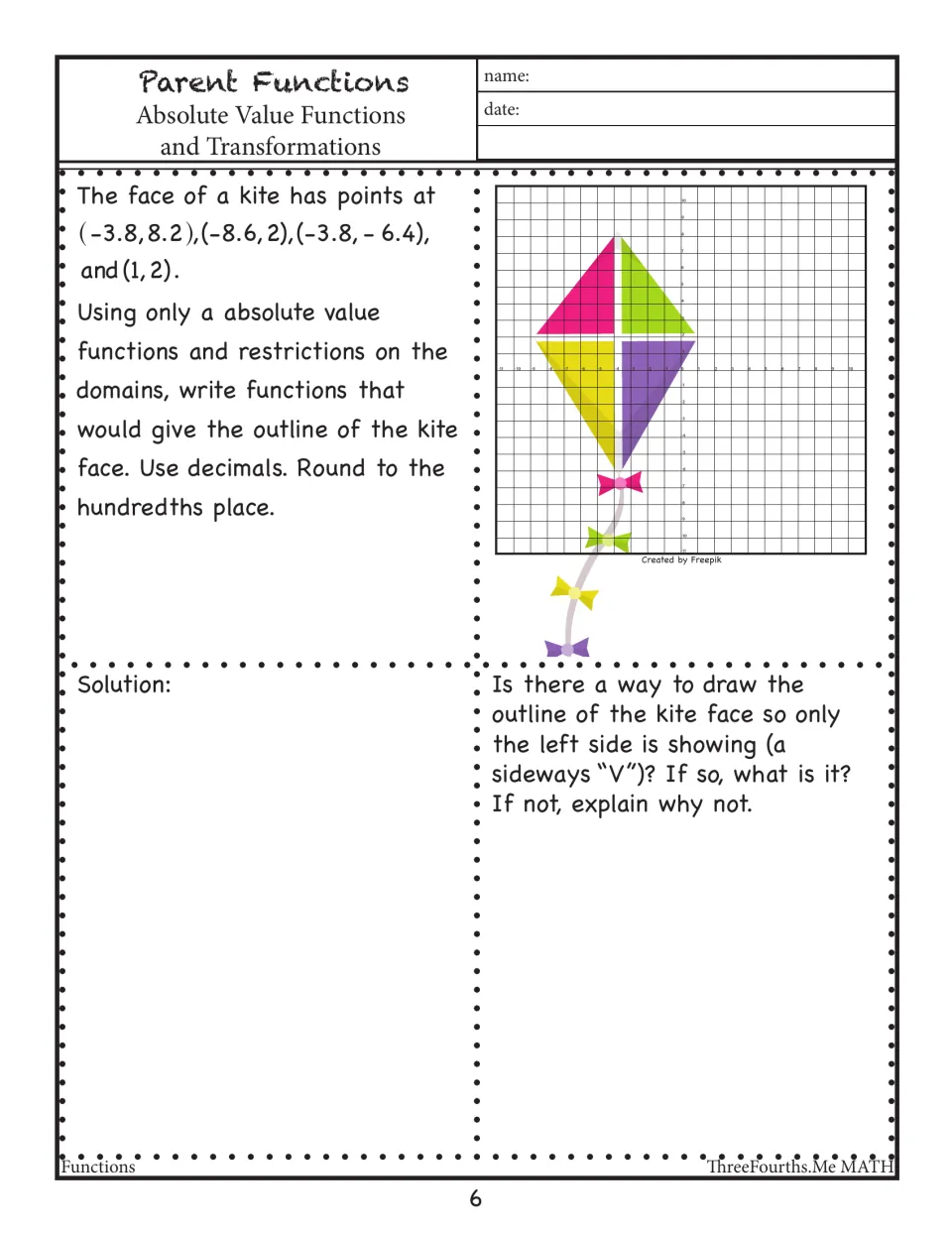 Kite face modeling: students write absolute value functions with domain limits to outline a kite, rounding to hundredths