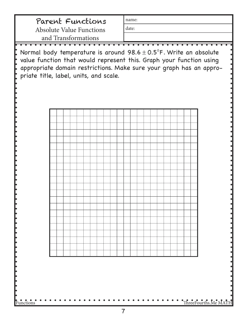 Body temperature of 98.6 ± 0.5°F: students write an absolute value function and graph it with title, labels, units, scale