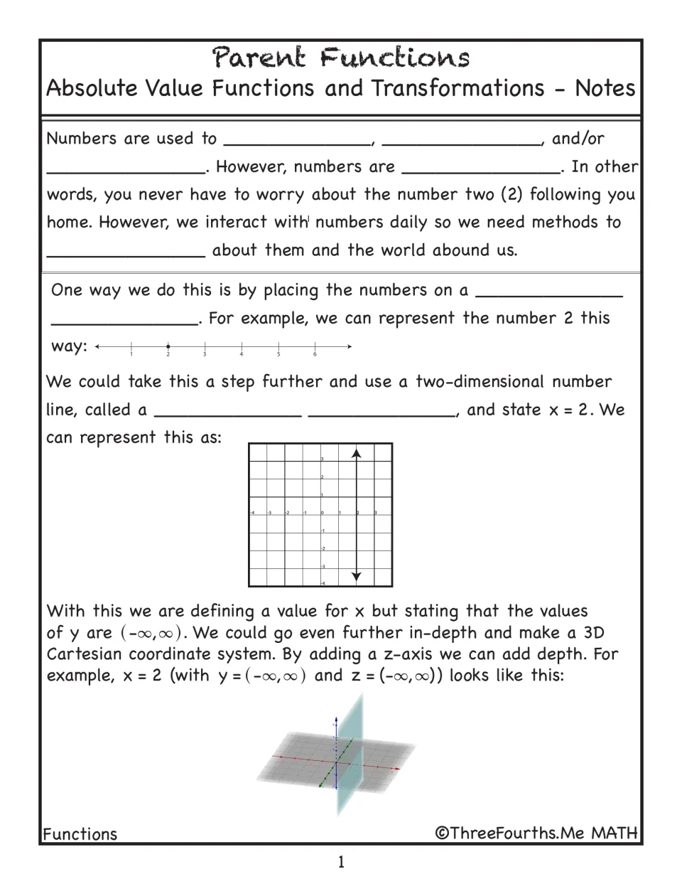 Parent functions intro: students fill in blanks on representing numbers on a number line, the coordinate plane and 3D axes