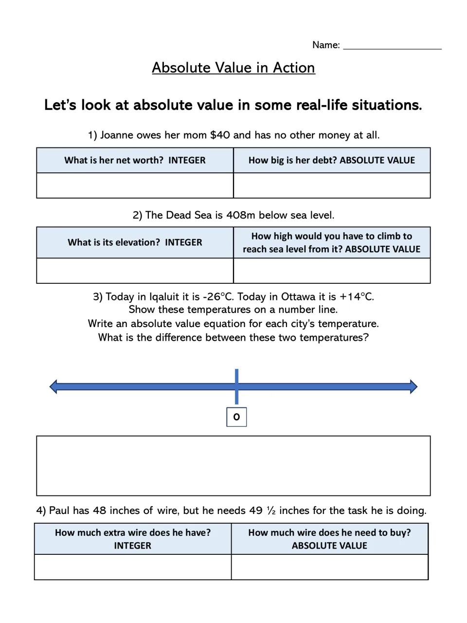 Real-life absolute value problems 1-4: students give the integer and absolute value for debt, Dead Sea depth and wire