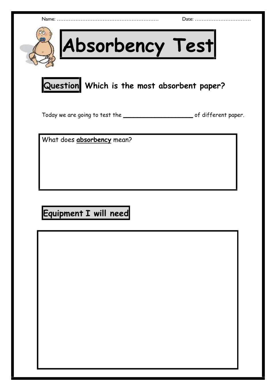 Absorbency Test planning: students ask which paper is most absorbent, define absorbency and list the equipment needed