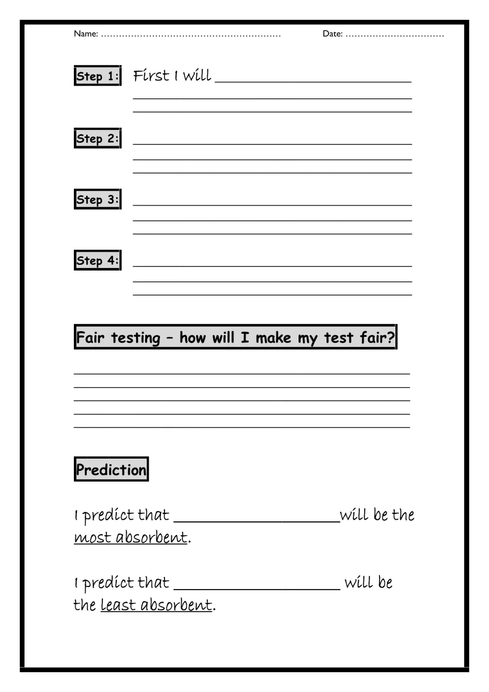 Paper test method: students write four steps, explain how they will keep it fair and predict the most and least absorbent