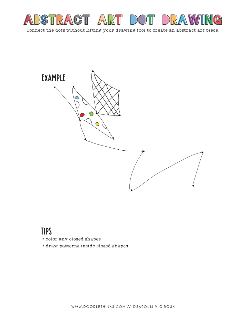 Abstract Art Dot Drawing example: dots joined in one continuous line, with closed shapes crosshatched or colored in