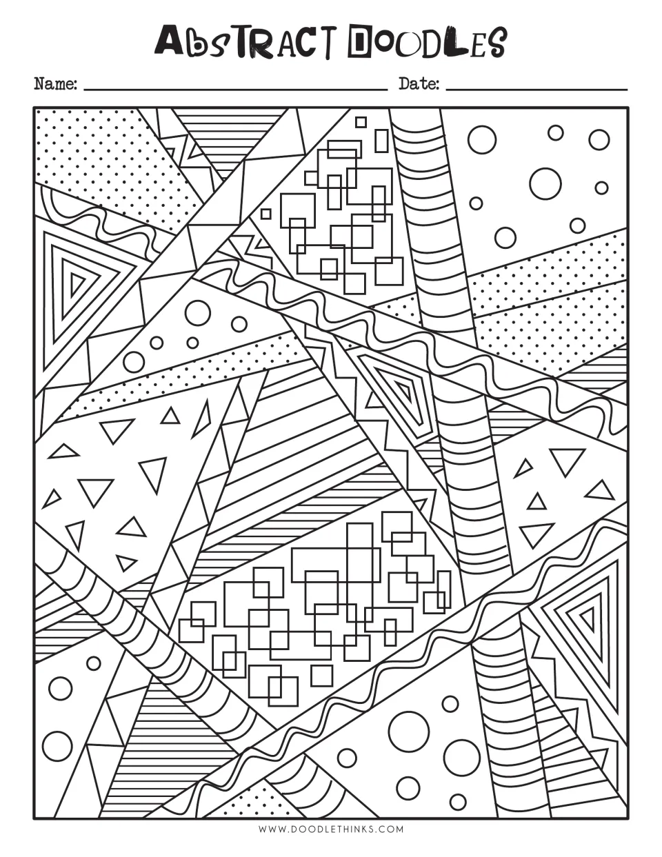 Abstract doodles coloring page with name and date lines: students color dotted triangles, wavy bands, circles and squares