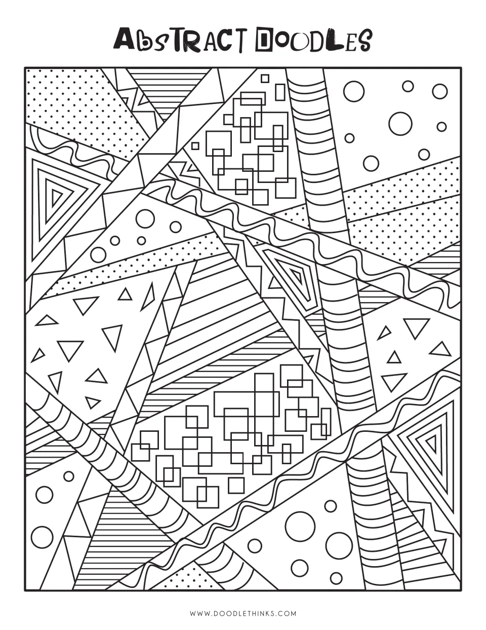 Abstract doodle design without name lines: students color sections of dots, stripes, zigzags, nested triangles and circles