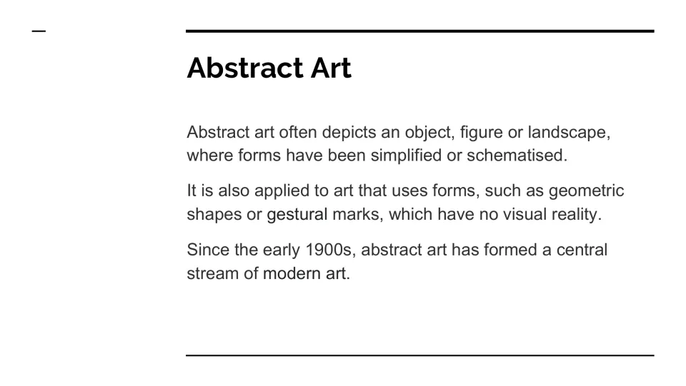 Definition slide explains abstract art through simplified subjects, geometric shapes, and gestural marks