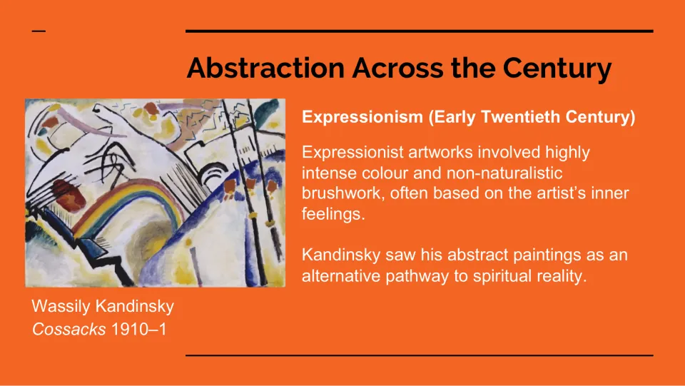 Expressionism lesson slide pairs Kandinsky’s Cossacks, 1910–1, with intense color and inner feelings