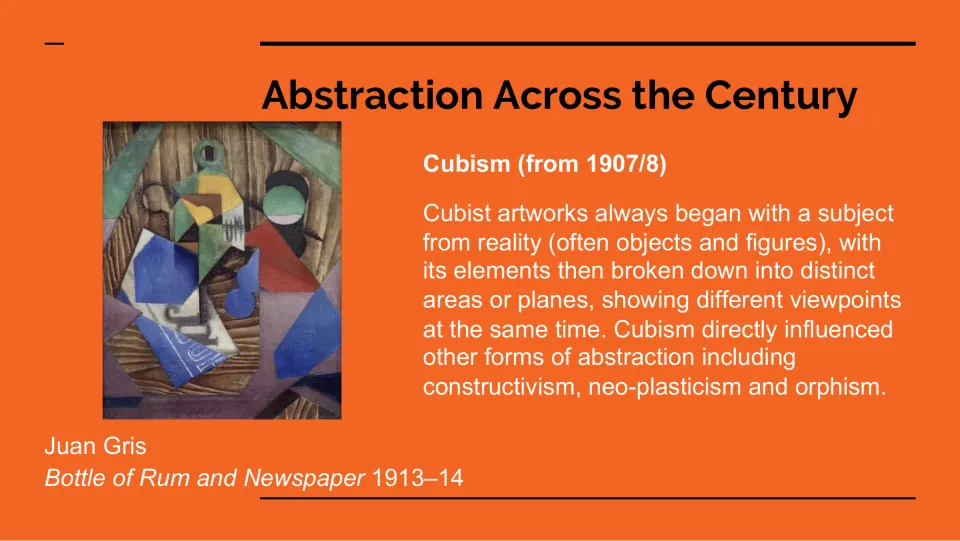 Cubism lesson slide explains multiple viewpoints with Juan Gris’s Bottle of Rum and Newspaper, 1913–14