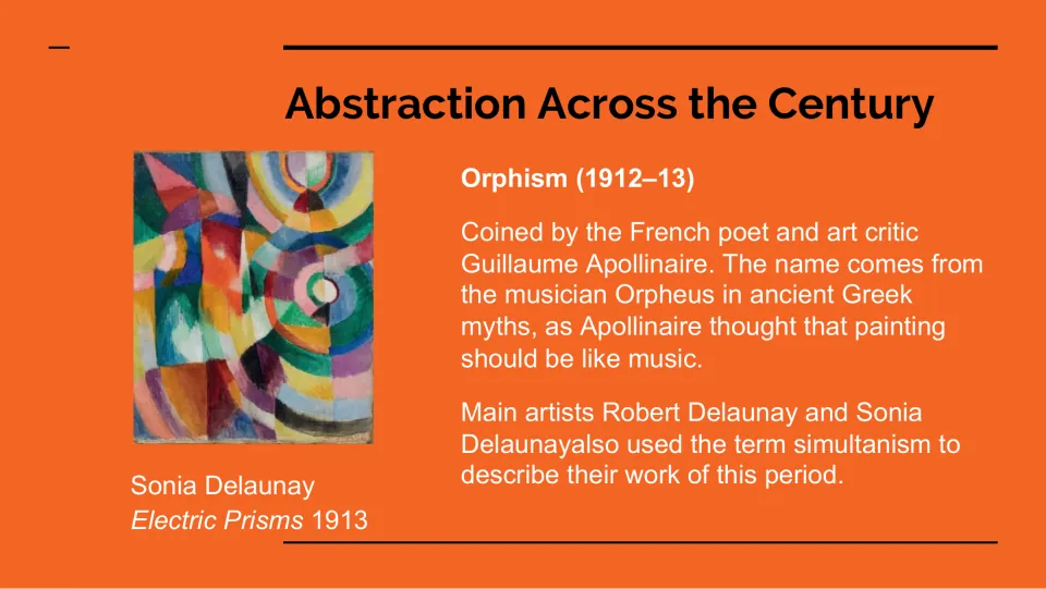 Orphism lesson slide connects painting and music through Apollinaire and Sonia Delaunay’s Electric Prisms