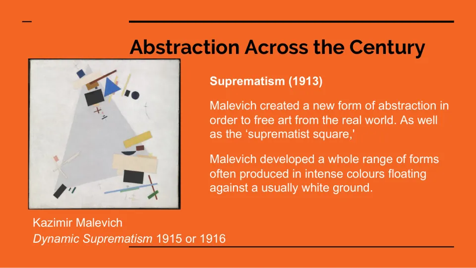Suprematism lesson slide explains Malevich’s abstract forms alongside Dynamic Suprematism, 1915 or 1916