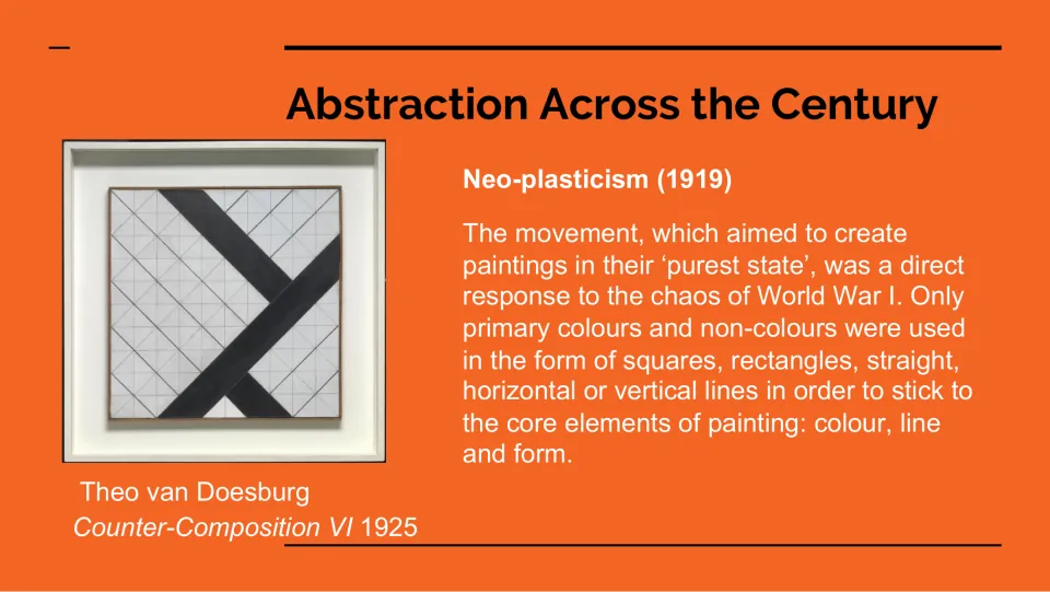 Neo-plasticism lesson slide explains color, line, and form with Theo van Doesburg’s Counter-Composition VI