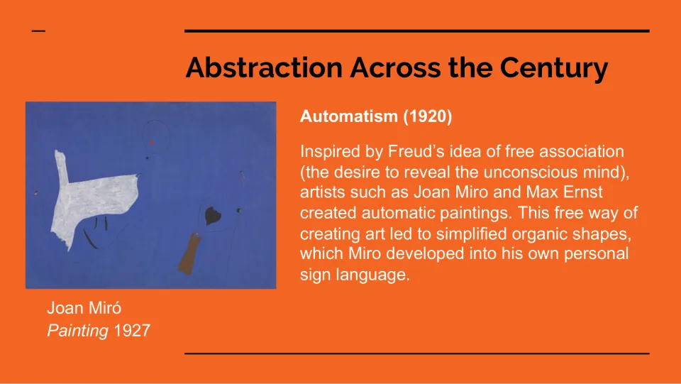 Automatism lesson slide links Freud’s free association to organic shapes and Joan Miró’s Painting, 1927