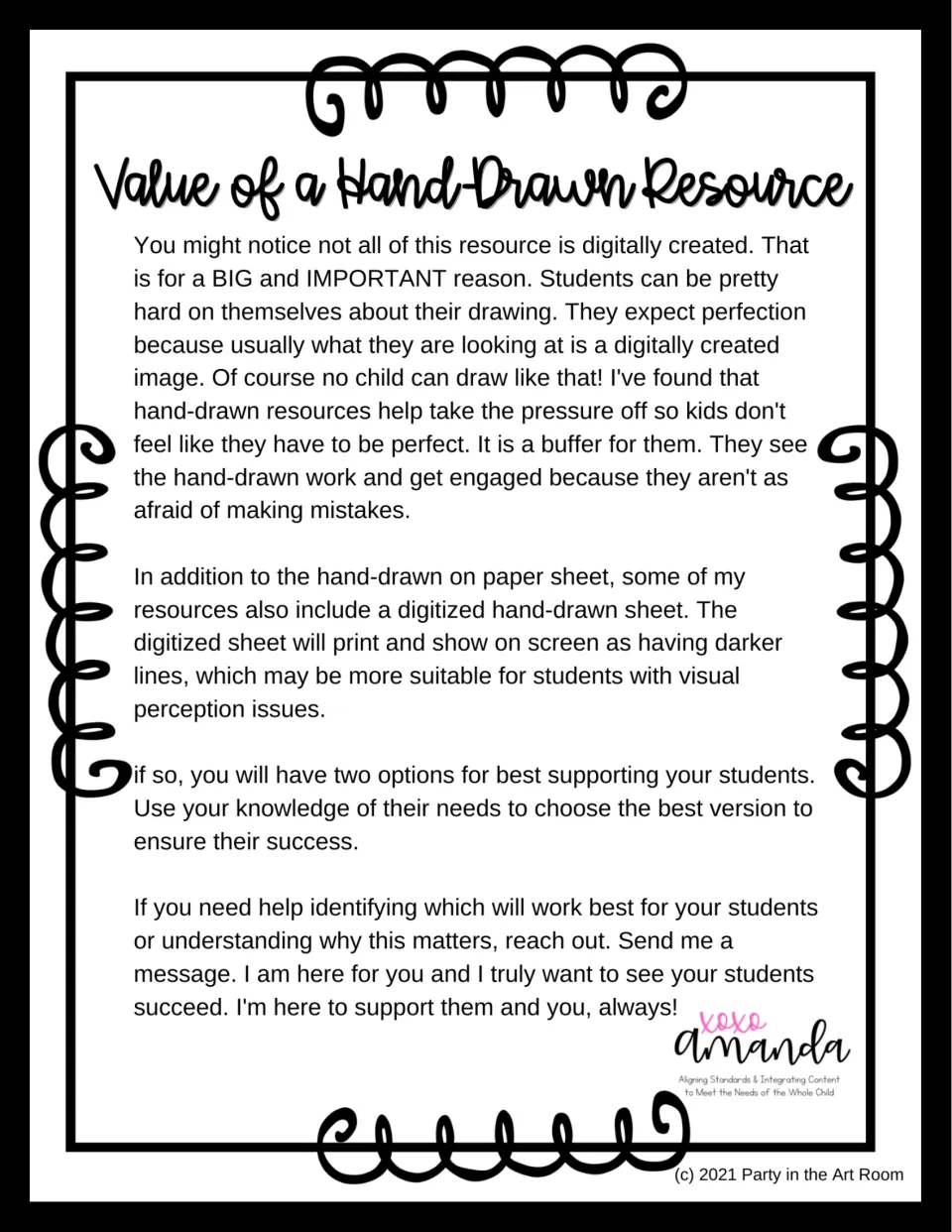 Teacher note explains how hand-drawn resources ease pressure for perfection and discusses darker-line versions