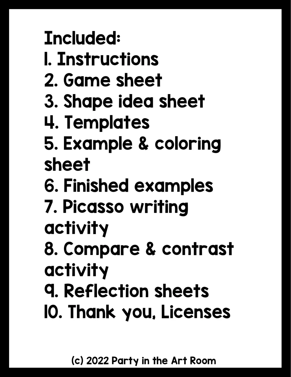 Lesson contents list instructions, a game sheet, shape ideas, templates, examples, writing, and reflection