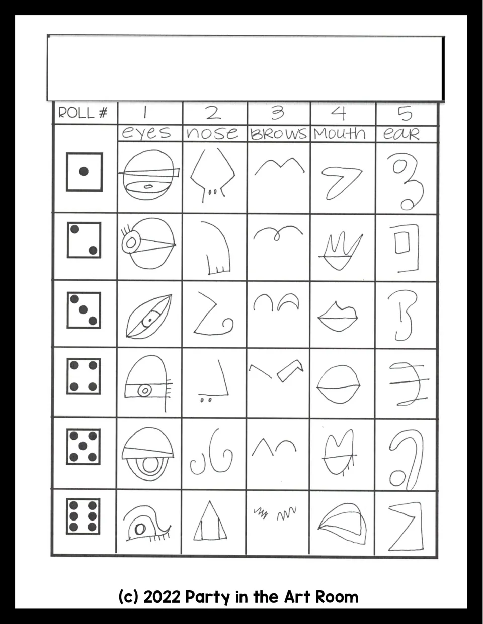 Portrait game sheet offers six choices each for eyes, nose, brows, mouth, and ear across five dice rolls