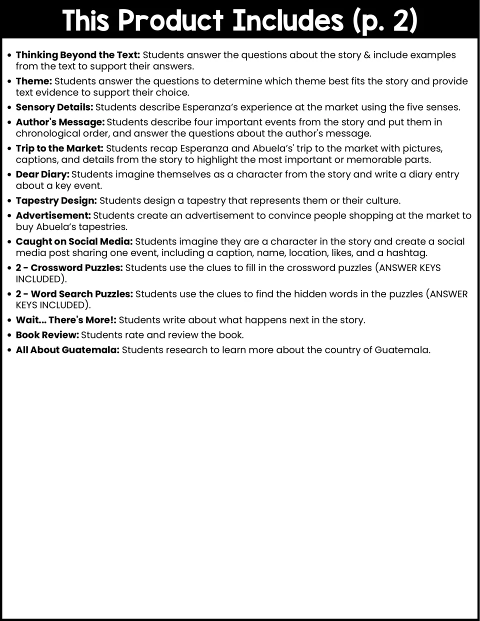 Contents list part 2: theme, sensory details, diary, tapestry design, crosswords, word searches, book review and Guatemala
