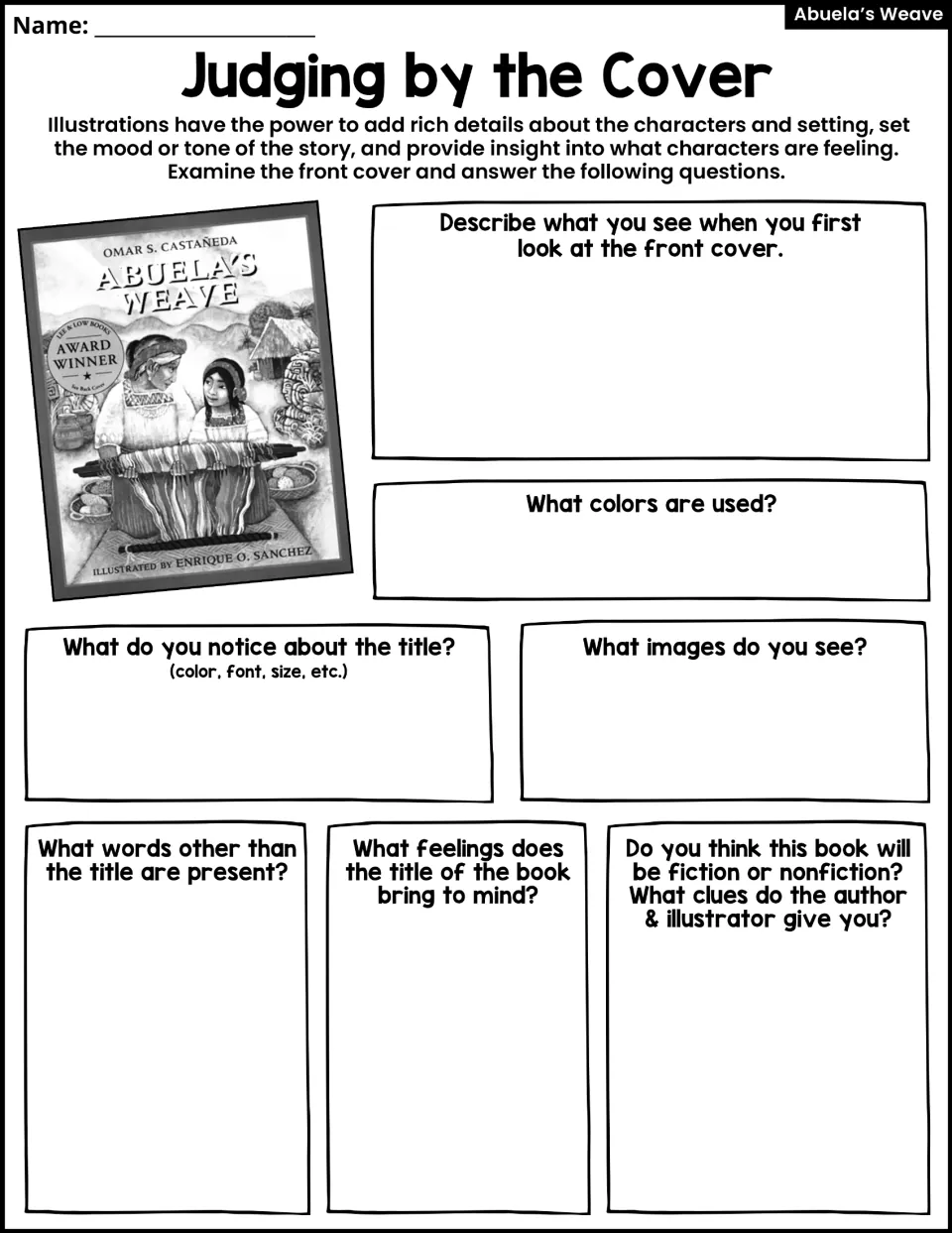 Judging by the Cover: students examine the book's front cover and answer questions on colors, title, images and genre