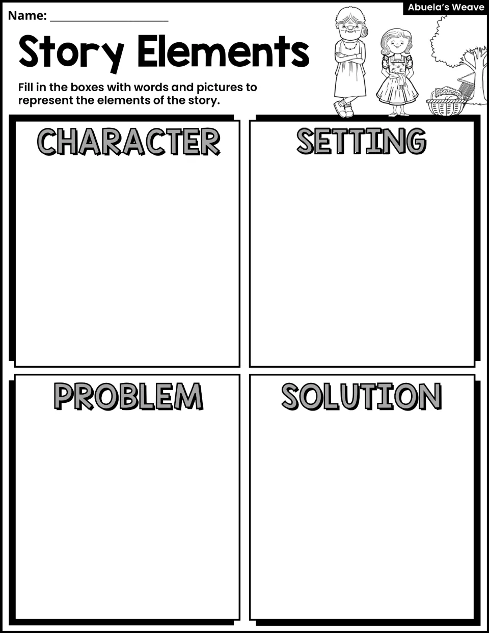 Story Elements: students use words and pictures to record the character, setting, problem and solution of the story