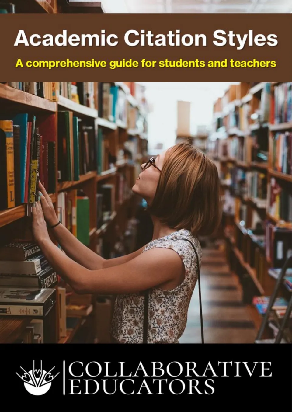 Cover of Academic Citation Styles, a guide for students and teachers, showing a reader browsing library bookshelves