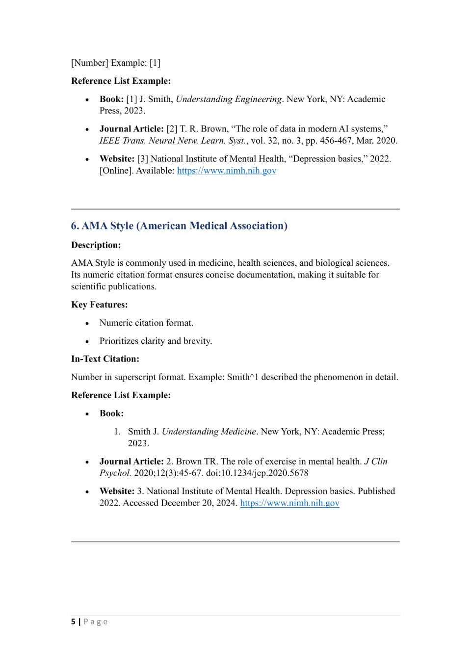 IEEE bracketed reference examples, then AMA Style: superscript in-text numbers and book, journal, website entries