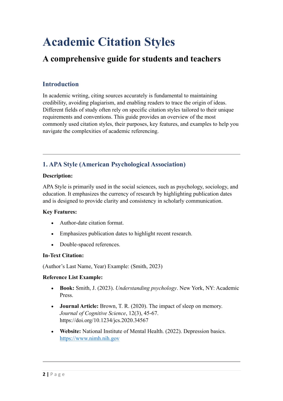 Introduction on why sources are cited, then APA Style: key features, (Smith, 2023) in-text and reference examples