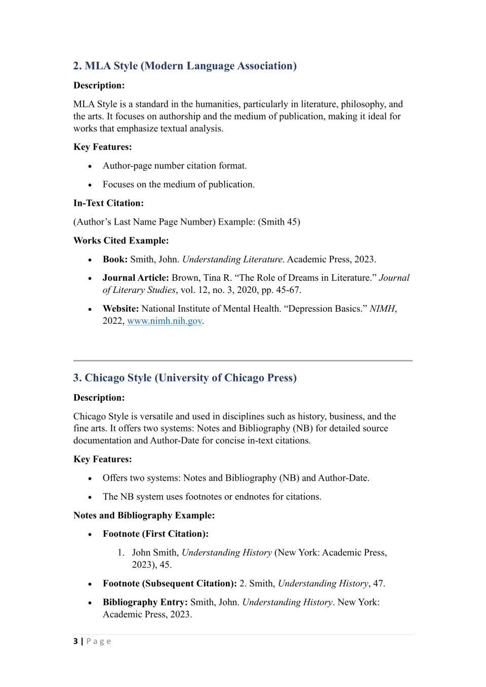 MLA Style with (Smith 45) in-text and Works Cited examples, then Chicago Style Notes and Bibliography footnote examples