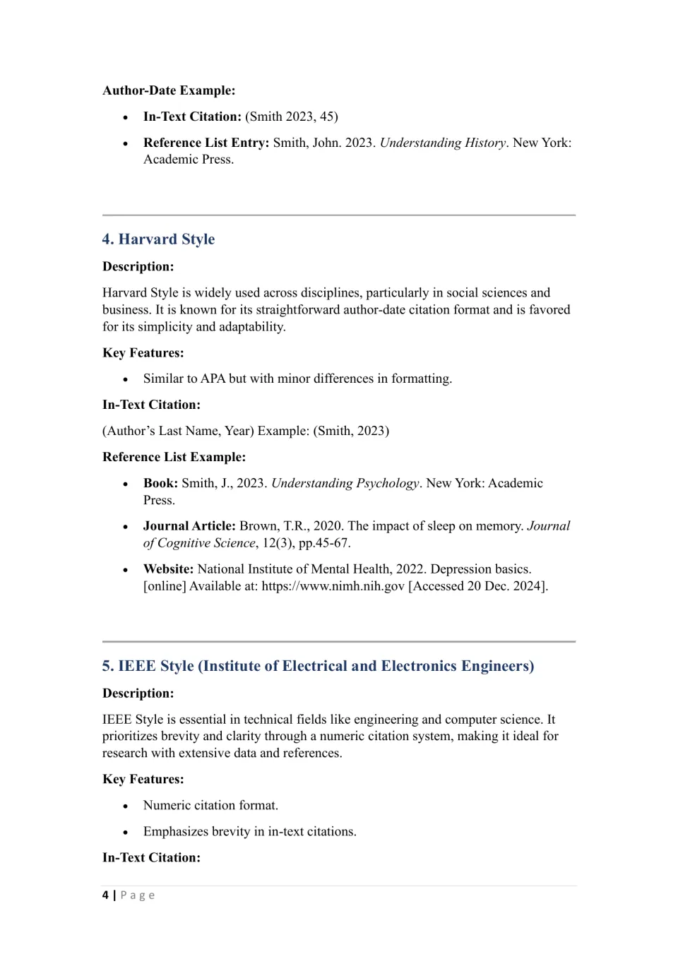 Chicago Author-Date example, Harvard Style reference list for book, journal and website, then IEEE Style key features
