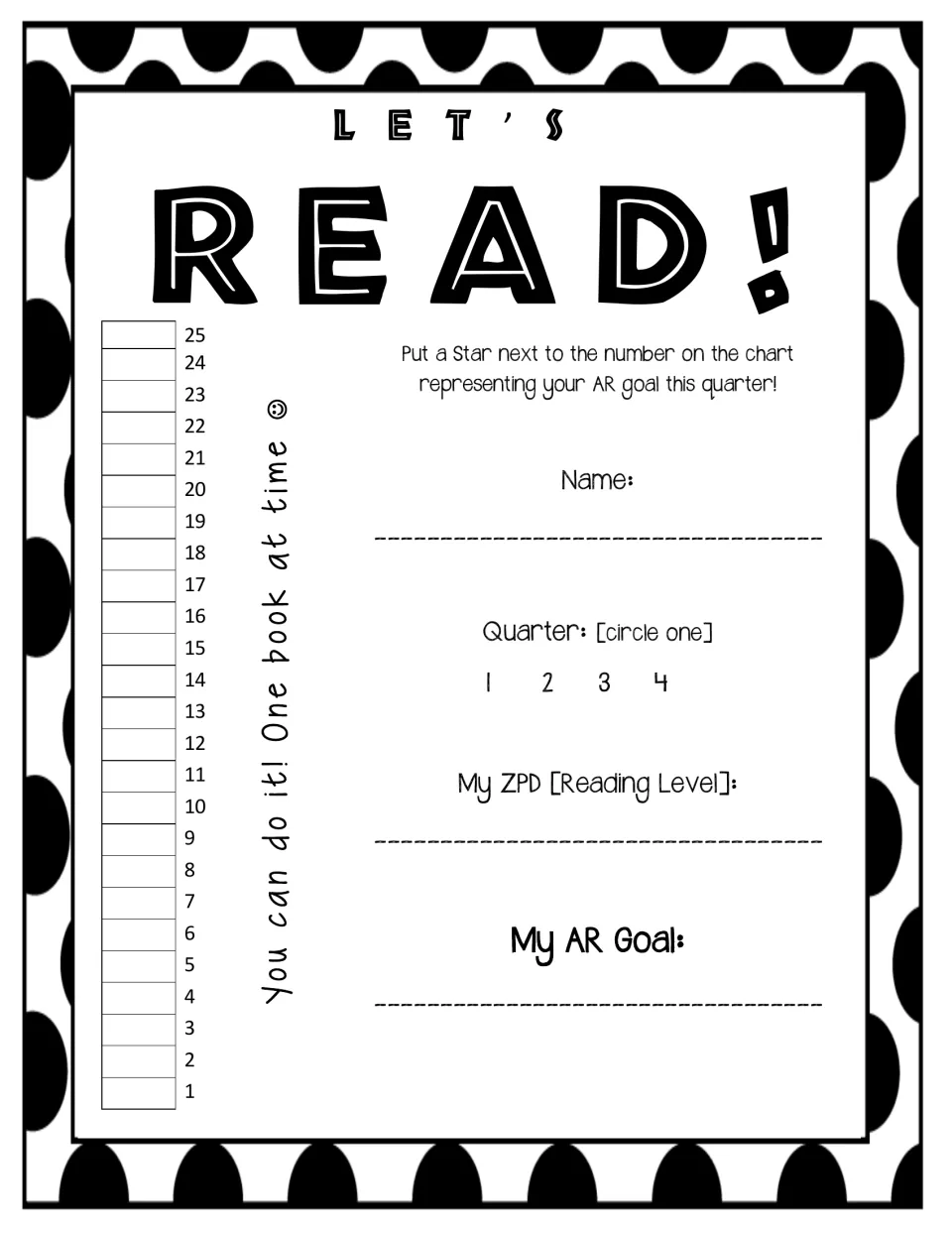 Let's Read! planner: students star this quarter's AR goal on a numbered 1-25 chart and write their name and ZPD level
