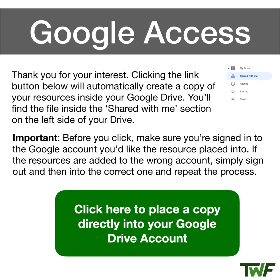 Google Access instructions: a button copies the resources to Google Drive, found under Shared with me; sign in first